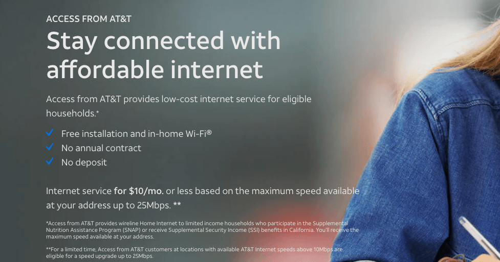 Screenshot of signup page for AT&T low-income internet service.