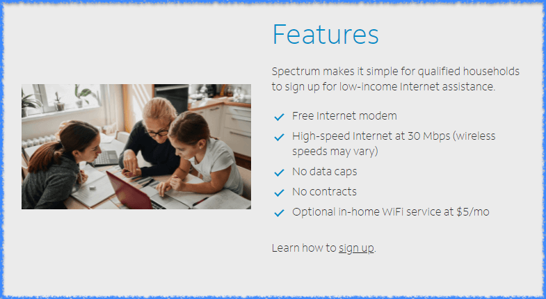 Spectrum Internet Assist signup page screenshot of plan features.