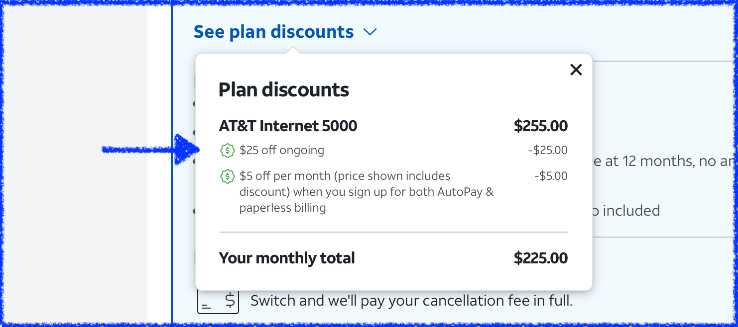 AT&T new customer discount screenshot.