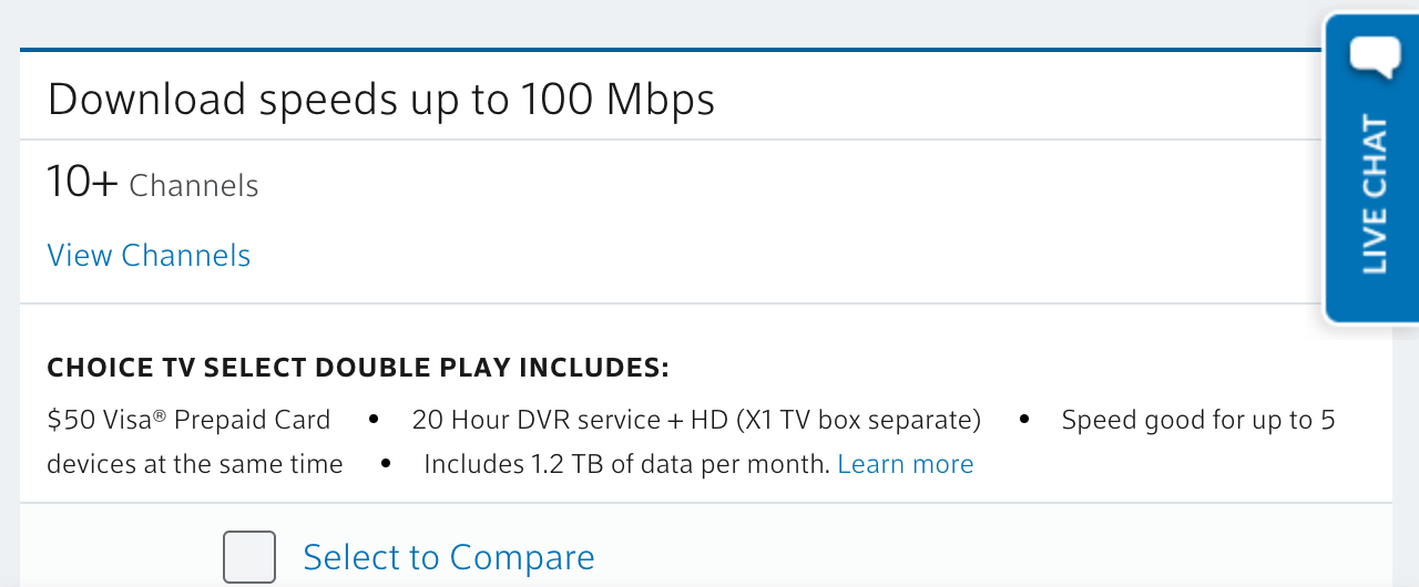 Screenshot of Xfinity Select TV offer channel count.