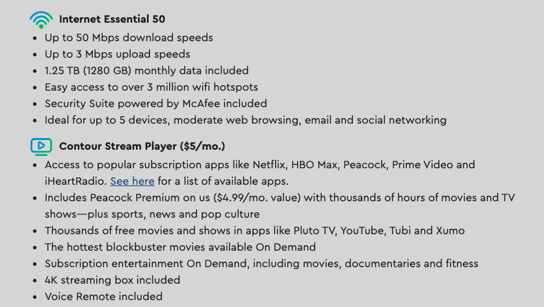 Screenshot of the cheapest Cox TV bundle including streaming options.