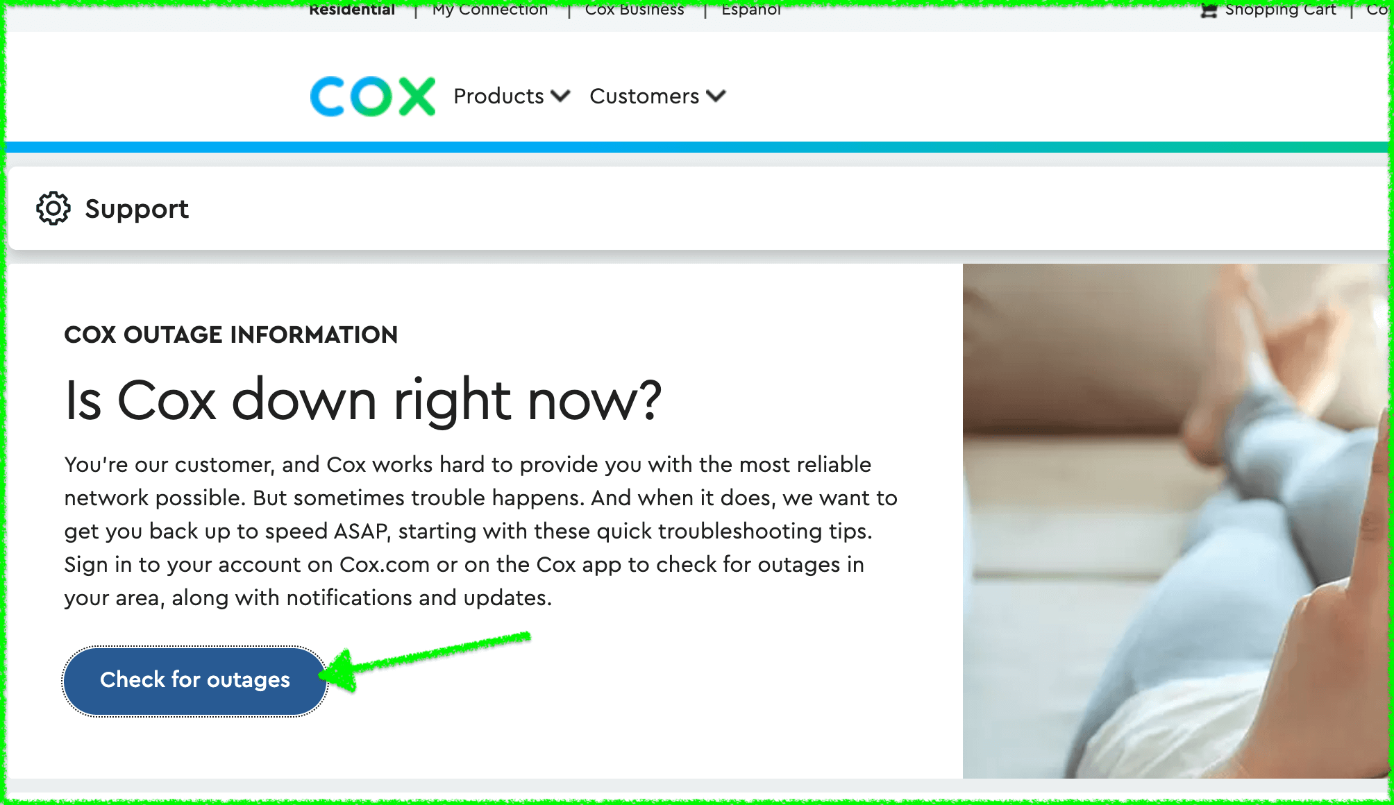 Screenshot showing how to find Cox outage updates.