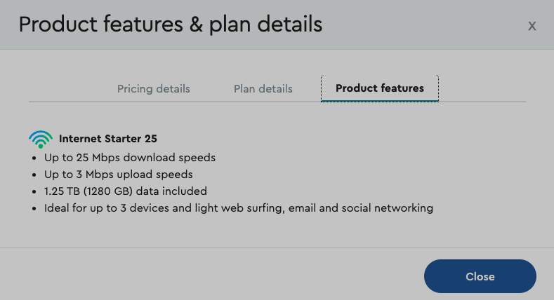 Screenshot of the cheapest Cox internet plan.