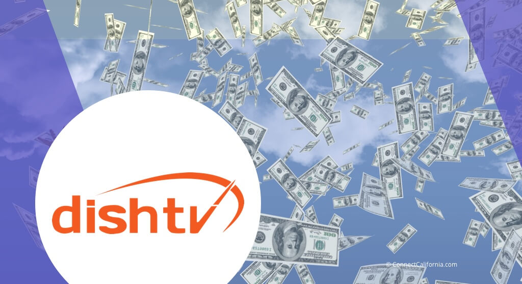 Editorial illustration of Dish TV logo over dollar bills.
