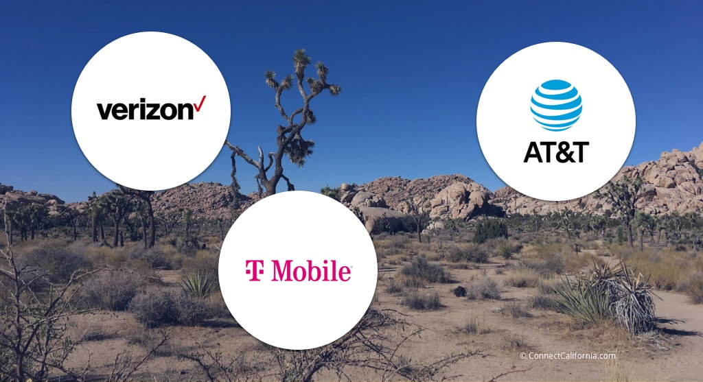 Photo of Joshua Tree desert with mobile carrier logos superimposed.