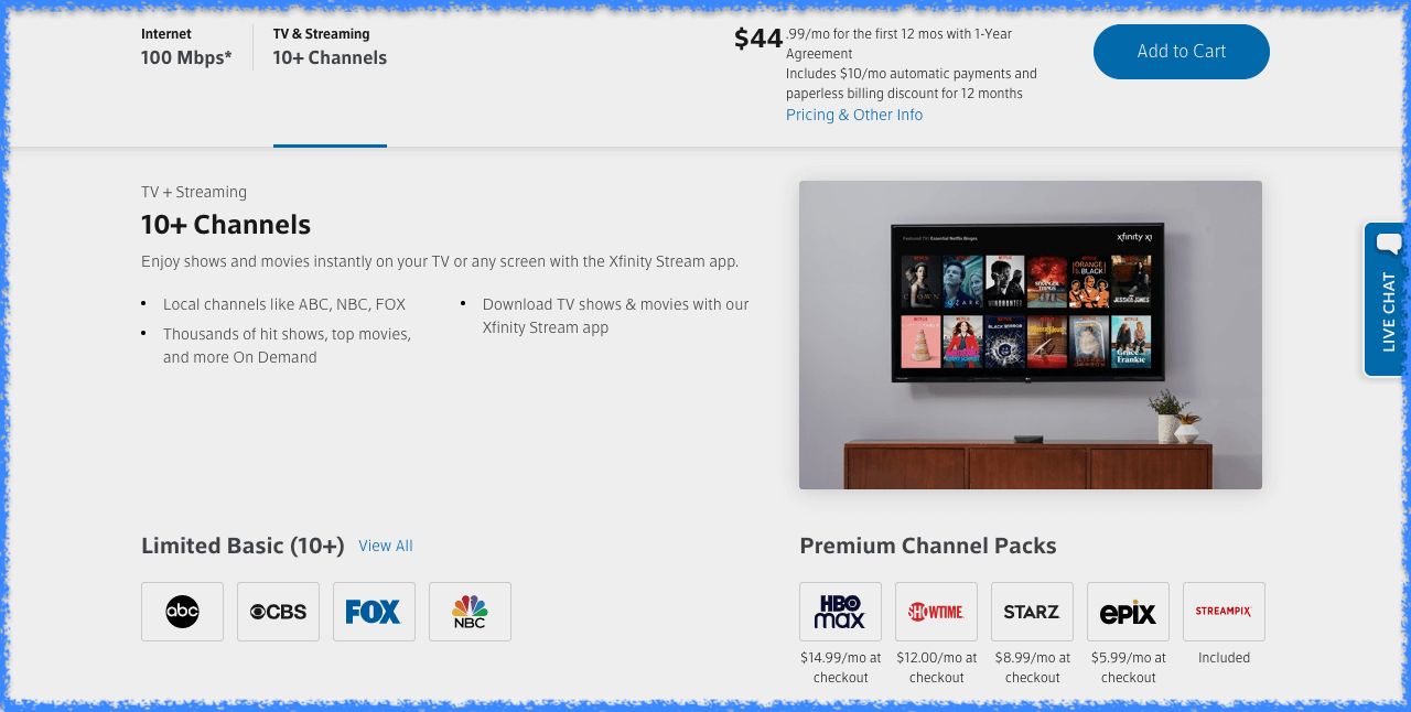 Screenshot of Xfinity Select TV offer.