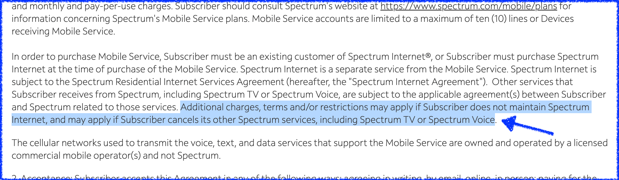Sample of Spectrum Mobile cancellation terms.