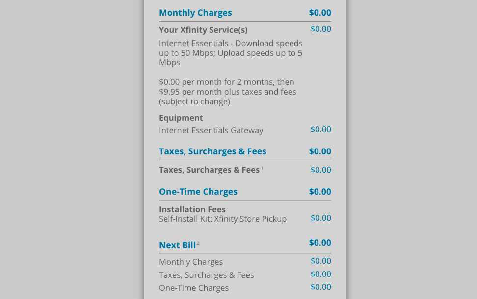 Comcast low-income internet billing example.