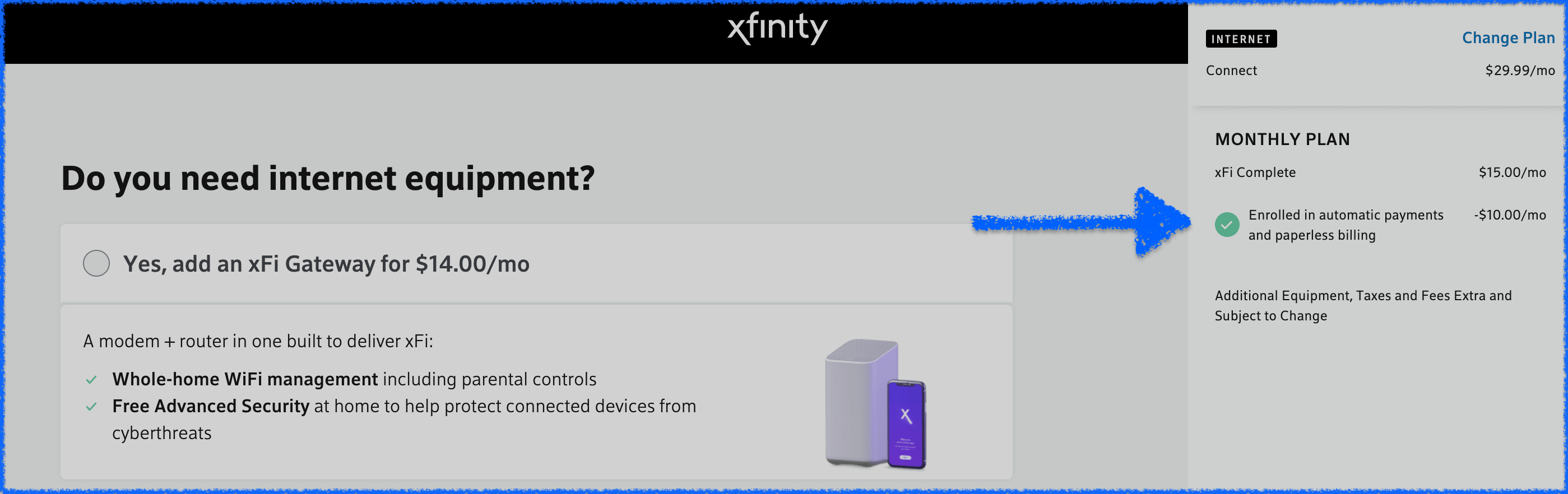 Xfinity checkout flow example screenshot.