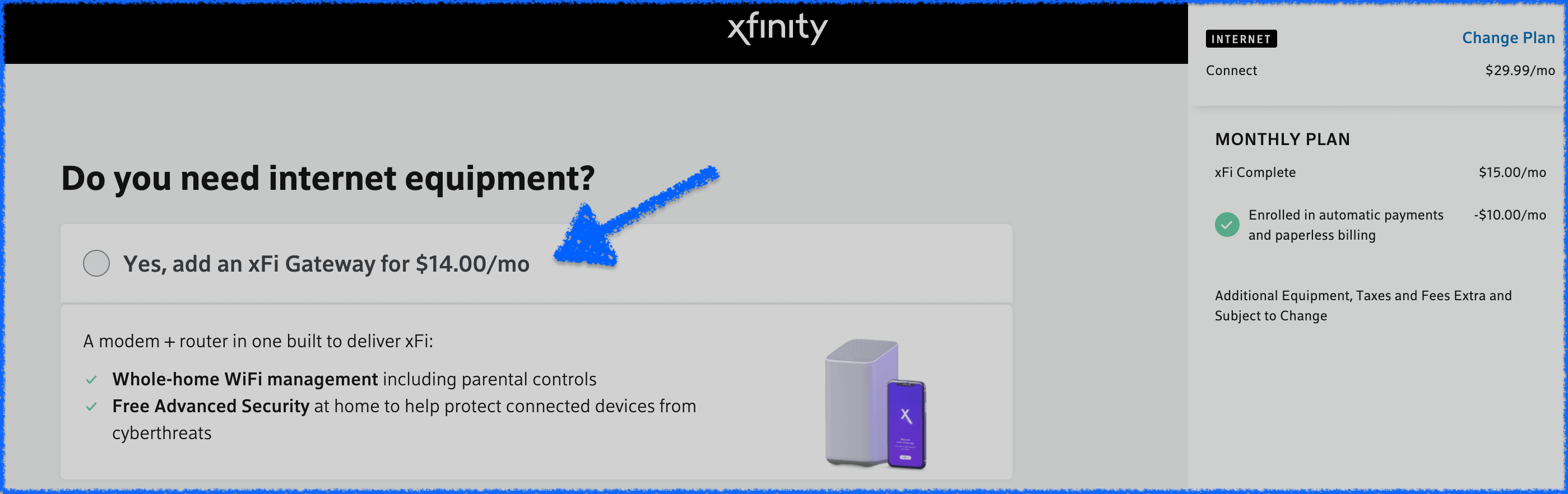 Xfinity extra router fee example.