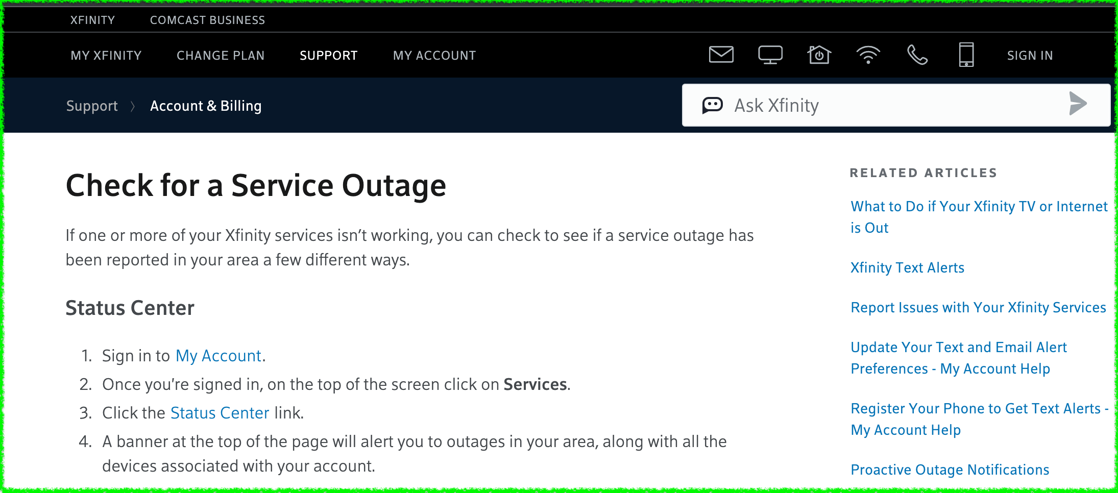 Screenshot showing how to find Xfinity outage information.
