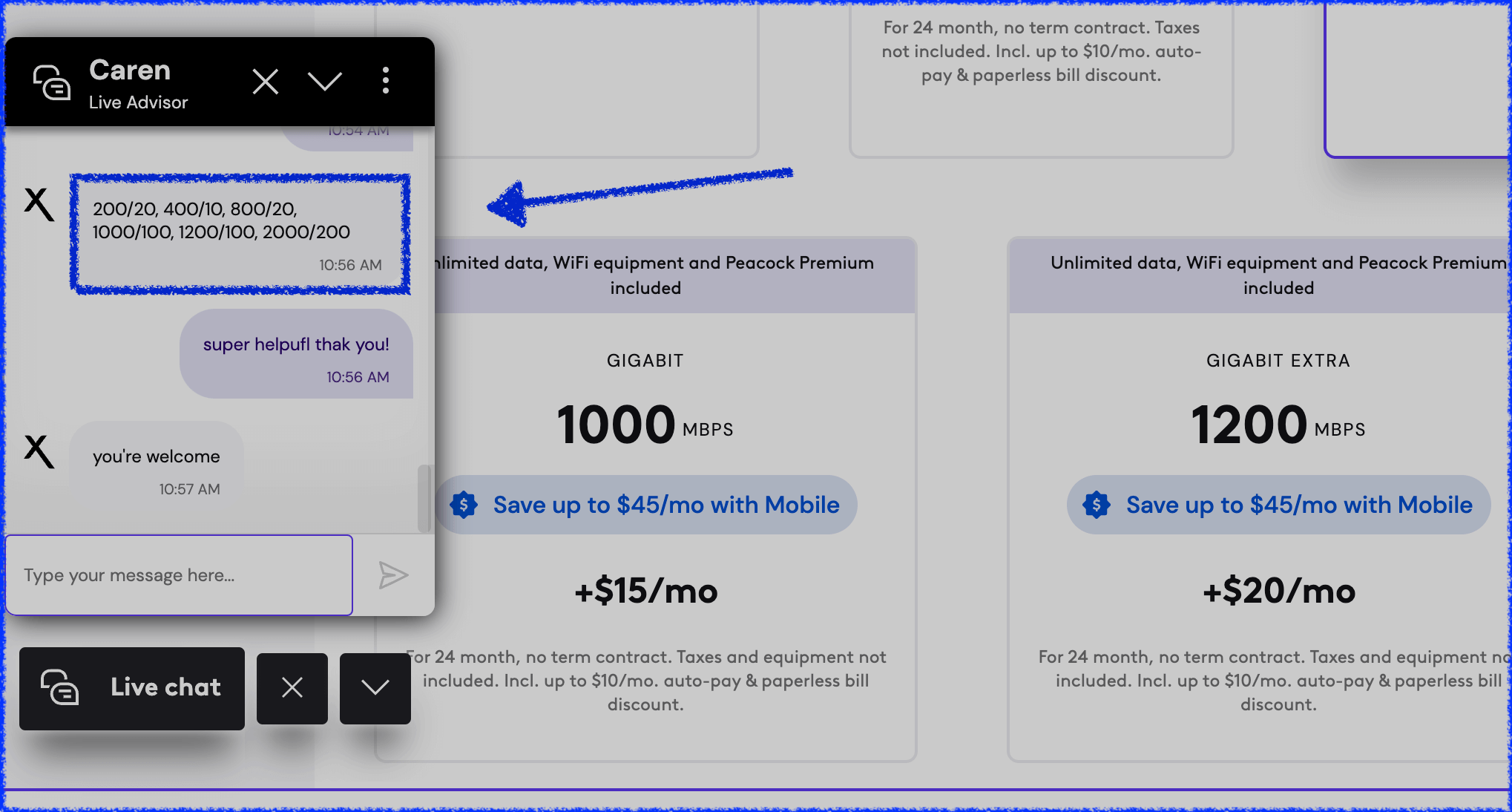 Screenshot of Xfinity upload speed chat verification.